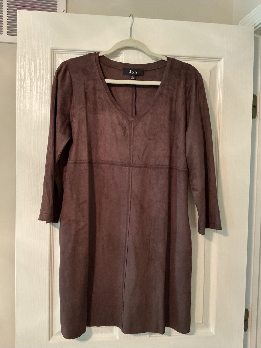 Oh Suede-Look V-Neck Long Sleeve Shift Dress in Brown